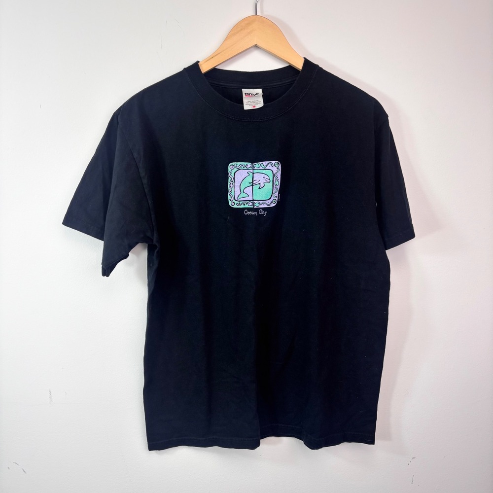 Vintage Ocean City Dolphin T Shirt Medium Black Anvil 90s Beach Souvenir Graphic